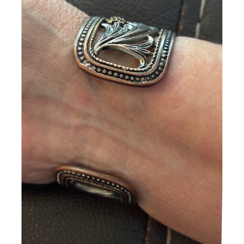 Vivani Mixed Metal Cuff Watch Ornate Floral Filigree Silver Gold Copper Tone - Picture 2 of 5